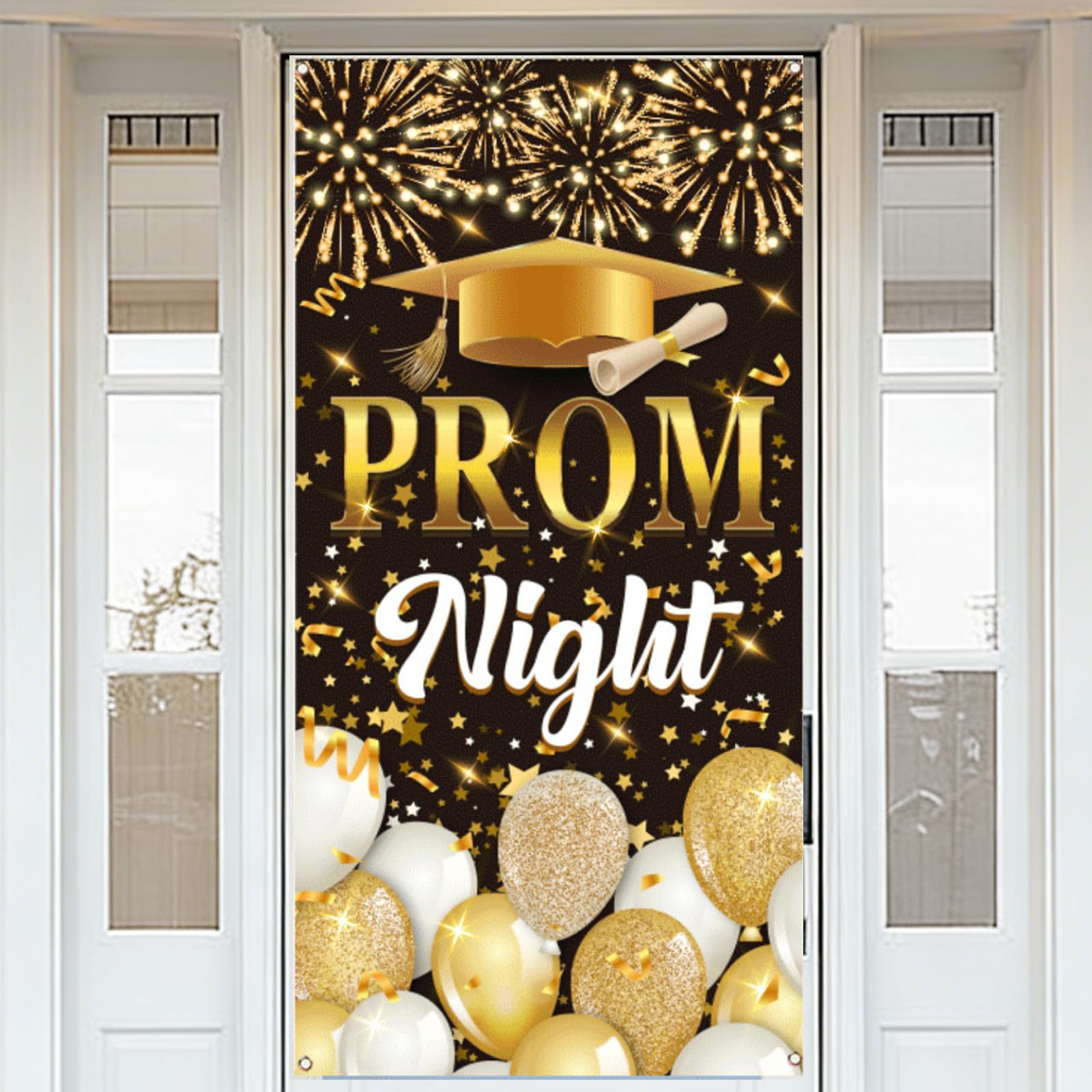 Prom Night Banner, Black Gold Prom Decorations Hanging Door Banner with 4 Brass Eyelets, Class of 2026 Graduation Backdrop for 2026 Graduation Party (180x90cm)