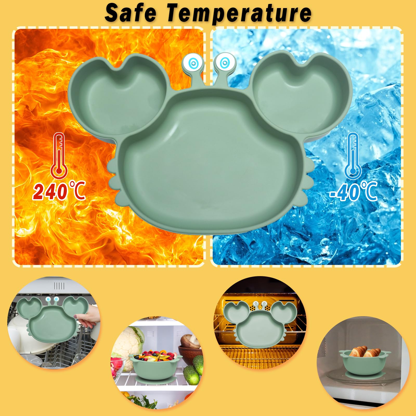 Coffret Repas Bebe, 10 Pièces Assiette bebe Set Vaisselle Antiderapant Silicone avec Ventouse Assiette Bol Fourche Cuillère Bavoir, Enfant Set Couverts Vaisselle Pour Sevrage Manger, Vert