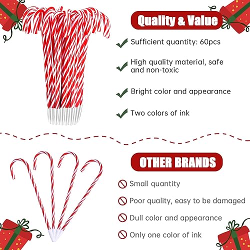 Miniatura 3 de Outus 60 bolígrafos navideños de bastón de caramelo a rayas para fiesta de Navidad, suministros de papelería, tinta negra y azul (rojo y blanco)