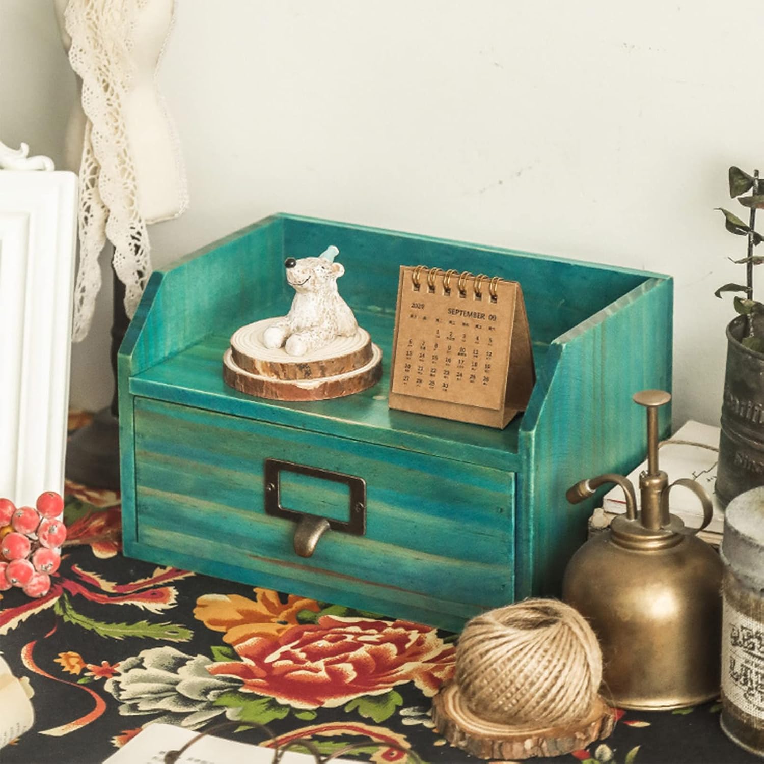 Sewing Kit, Wooden Sewing Basket Sewing Box with 1 Storage Drawers Wooden Storage Box Rustic Dresser,Green