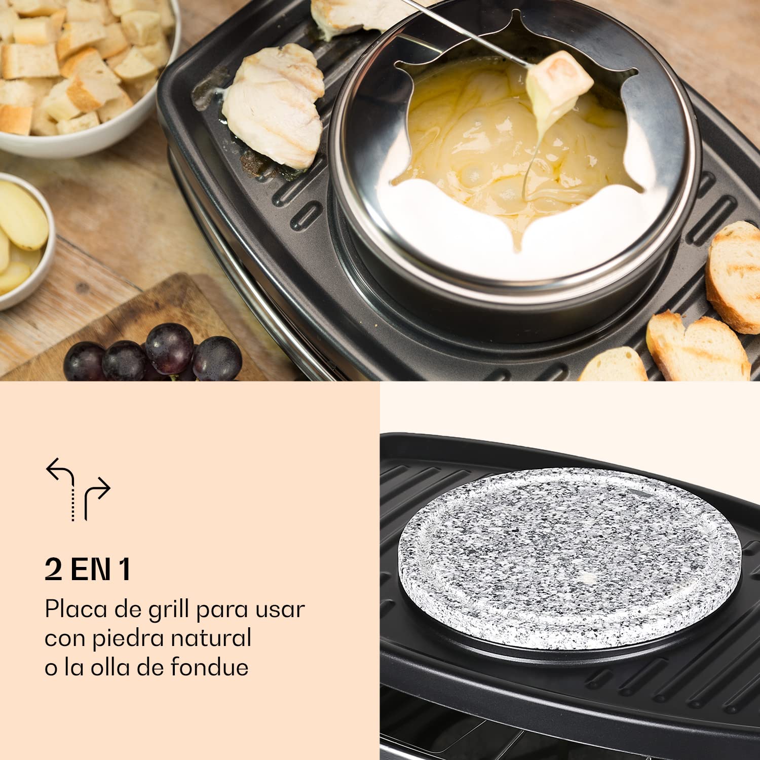 Klarstein Entrecote Raclette - Fondue, Parrilla, Barbacoa-Party, 1100W, regulador de calor continuo, 8 sartenes, Antiadherente, 6 tenedores Fondue, Grill bajo grasa, Negro