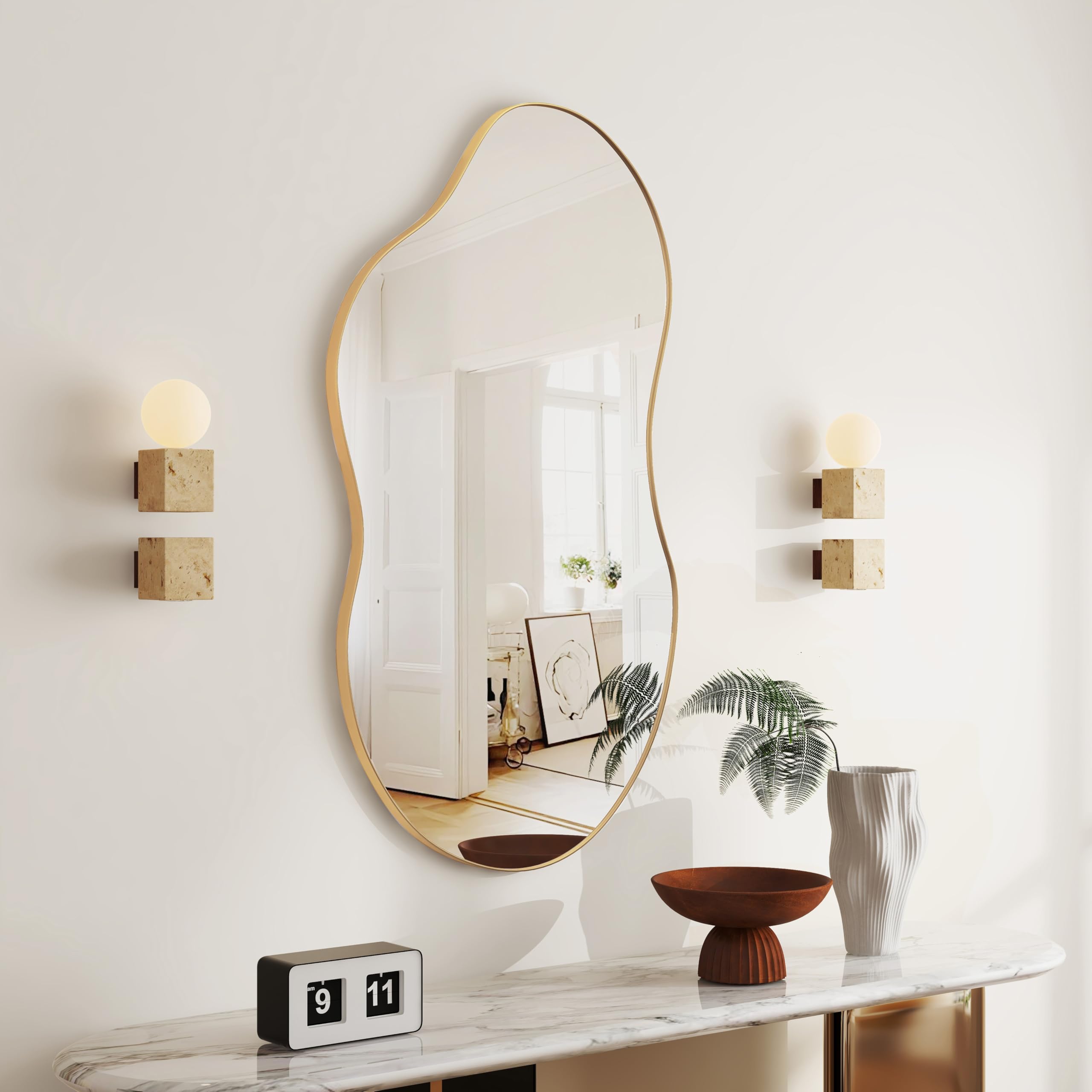 SHYFOY Espejo Grande Asimétrico de Pared Decorativo - Marco de Metal Dorado - 110 x 56 cm para Salón, Pasillo, Entrada, Baño