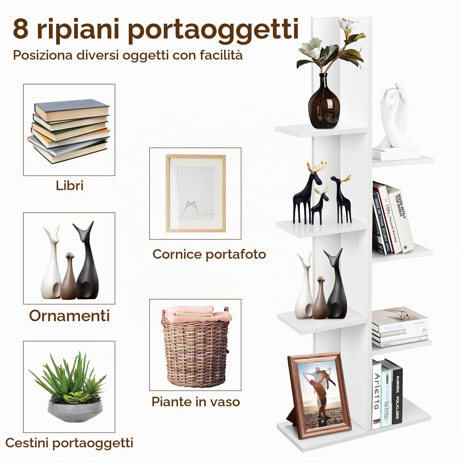 GIANTEX Libreria stretta con 8 ripiani, 50 x 20 x 141 cm, scaffale per decorazioni, piante, libri e CD, scaffale decorativo autoportante per soggiorno, studio e ufficio (bianco)