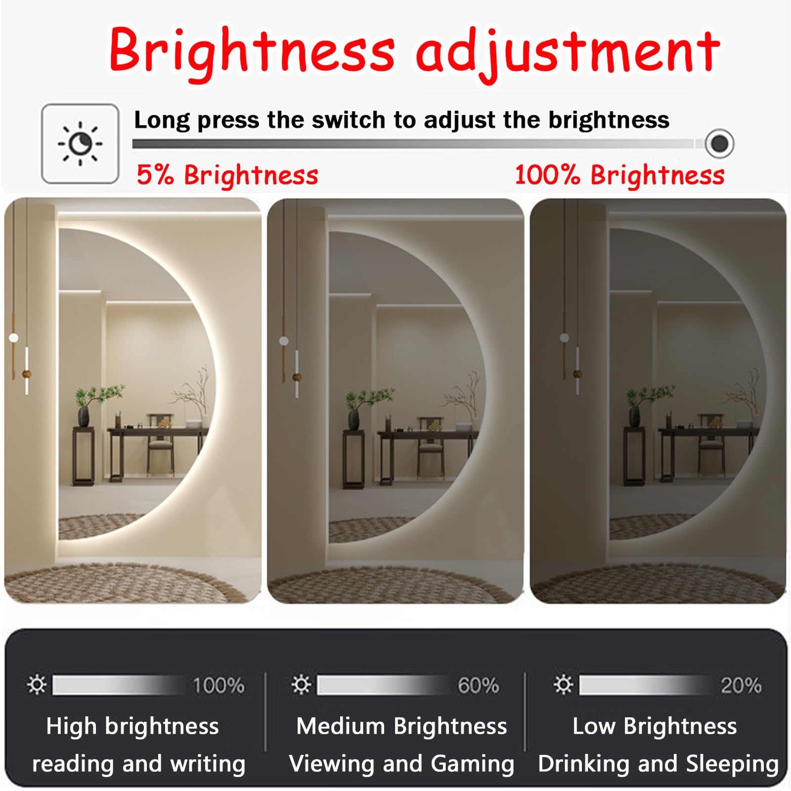 Ściemnialne lustro łazienkowe LED ze sterowaniem dotykowym - Asymmetl Semi-Cular lusterko do makijażu 40 x 80 cm do domu, sypialni, hotelu - nowoczesne oświetlenie Solut