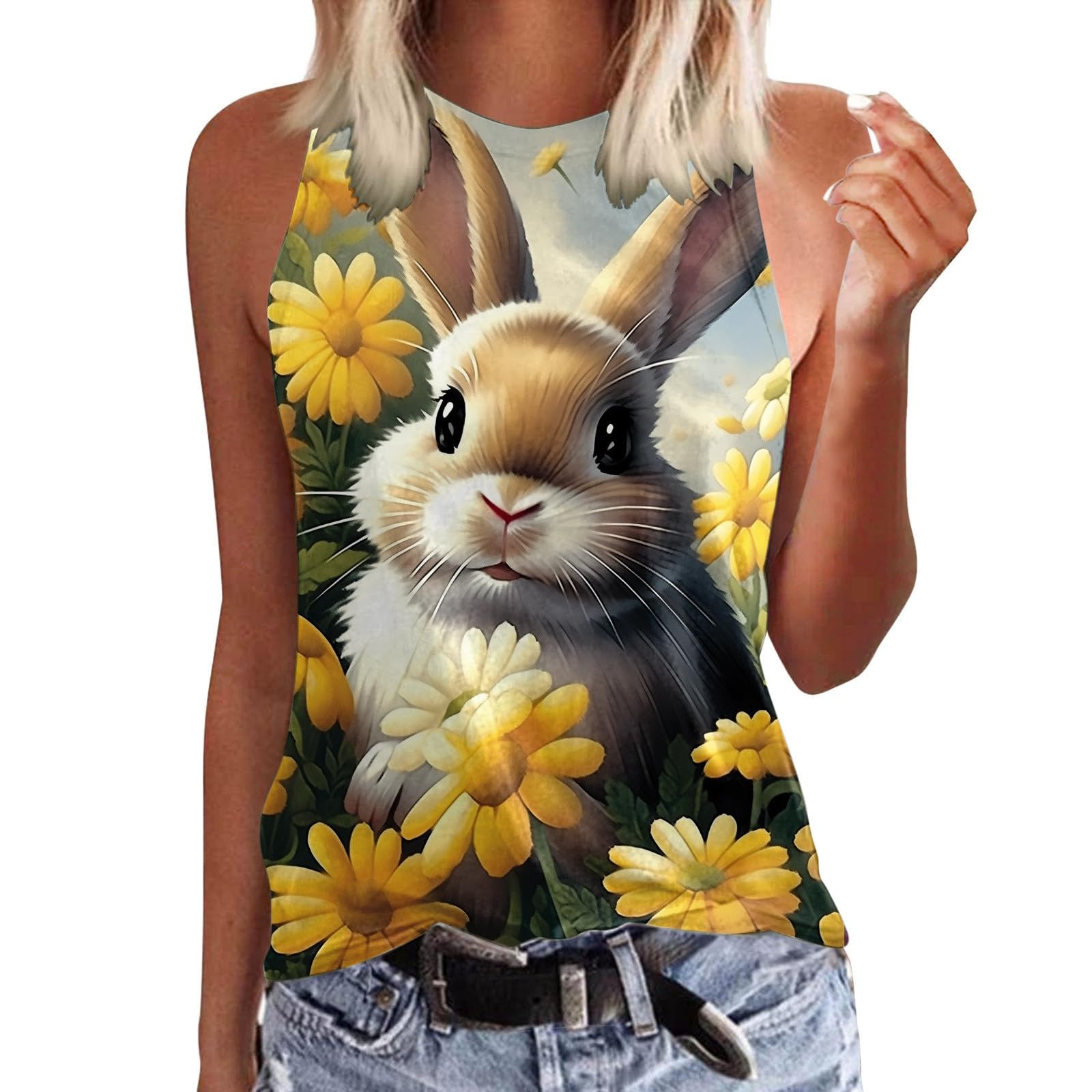 YOGALULU Blusas Fiestas con Cuello Redondo y Estampado de Conejito de Pascua para Mujer (1) Camiseta Gatos Mujer