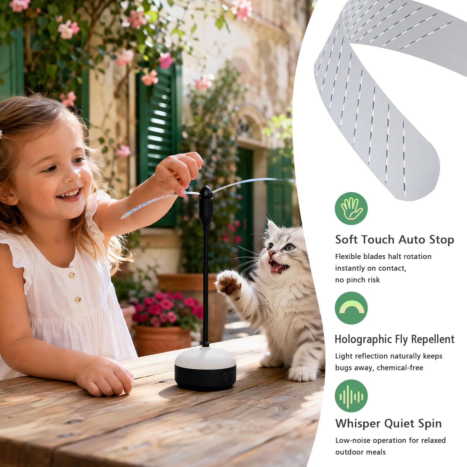 Ventilatore Anti-Mosche, 2 Pezzi, Ricaricabile con LED, Protezione Alimentare per Casa, Picnic, Barbecue, Senza Sostanze Chimiche