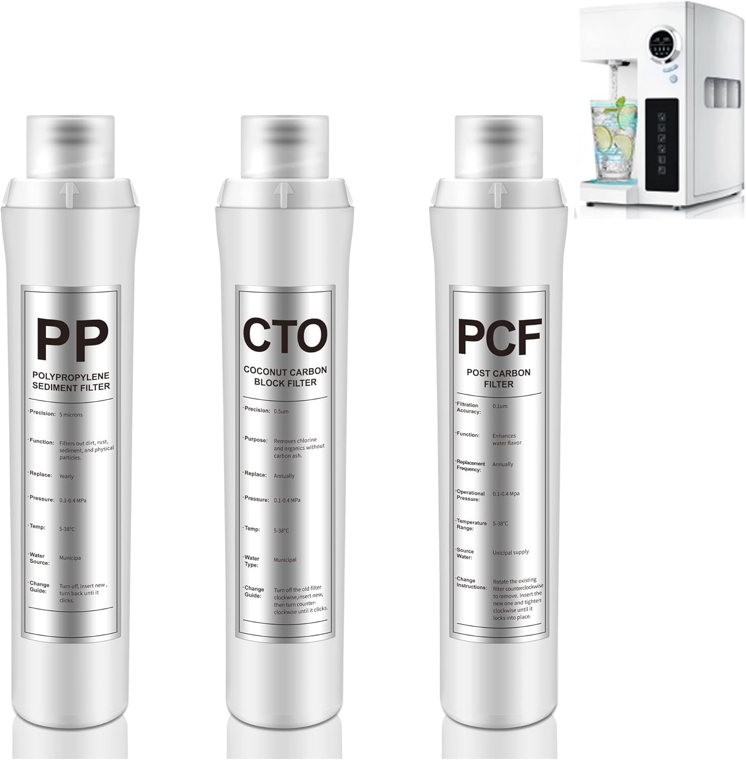 3 Pack Water Filter Replacement Compatible with Bluevua RO100ROPOT, Water Filters Set, 1 PP, 1 CTO, 1 PCF, Improved Drink Quality, Easy to Replace for Household Daily Use Drinking