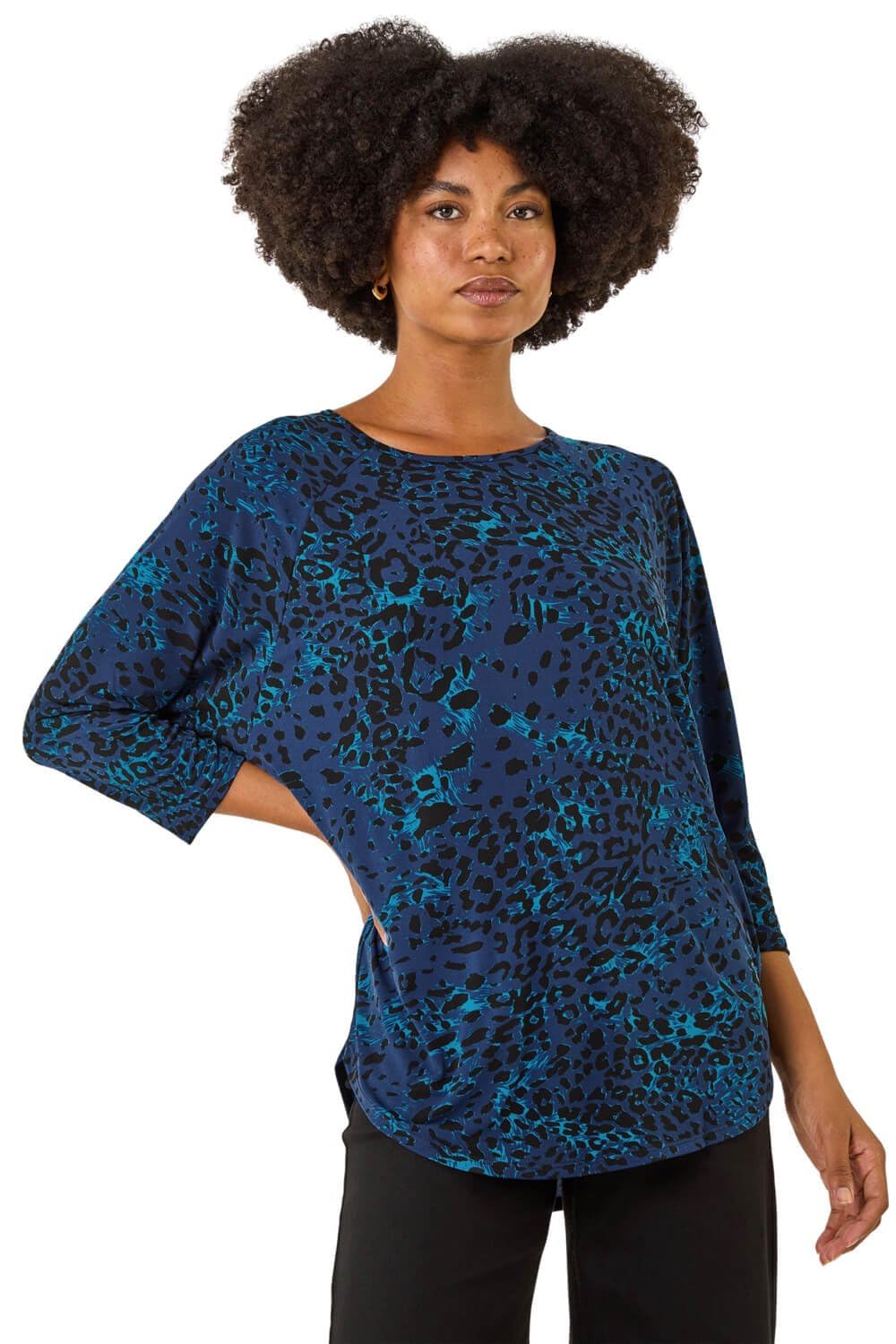 Roman Originals Stretchy Top for Women UK - Ladies Jersey Blouse Smart Casual Tunic Work 3/4 Length Sleeve Round Neck Boat Neckline Flattering Autumn Winter - Blue Noir - Size 20