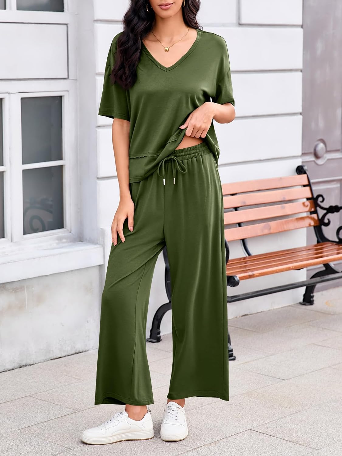 Tankaneo Womens 2 Piece Sets Casual Tracksuits Short Sleeve Tops Wide Leg Pants Outfits Lounge Sets - Image 3