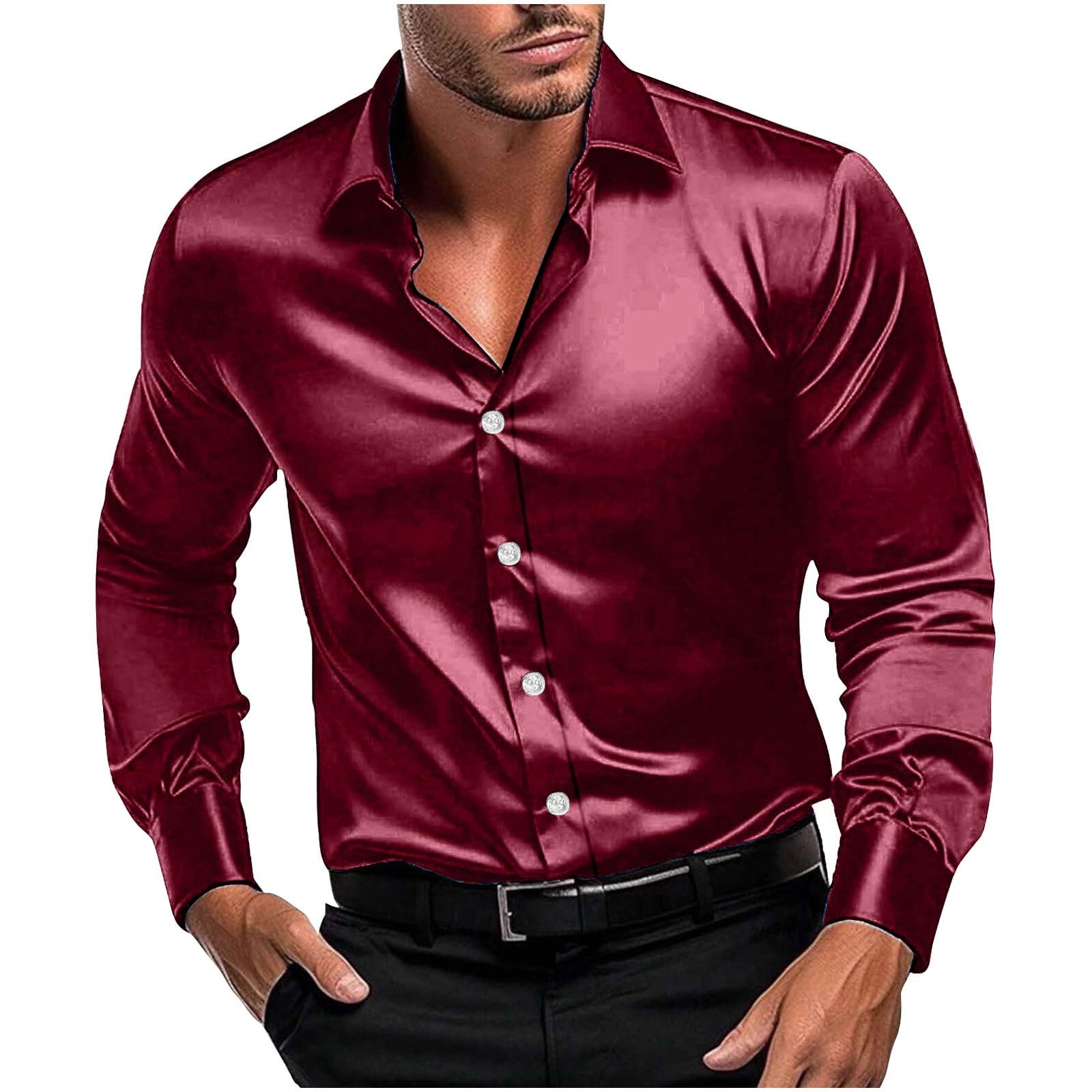 Men Long Sleeve Satin Dress Shirt Shiny Embroidery Silk Like Button Down Casual Luxury Prom Wedding Party Disco Solid