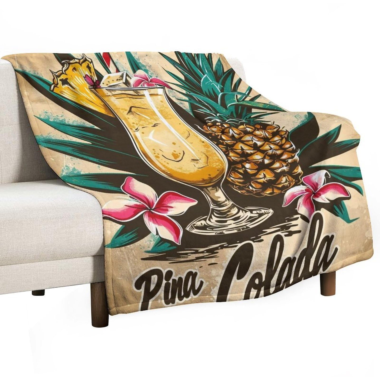 YHGSREUOH Linocut-Tiki-Bar-Pina-Colada-Drink-Fruit_01 Flannel Blankets Fleece Soft Throw Lightweight Plush Gifts for Couch, Bed, Cozy Sofa Plush, Chair, Lovers 130x150cm(50x60in)