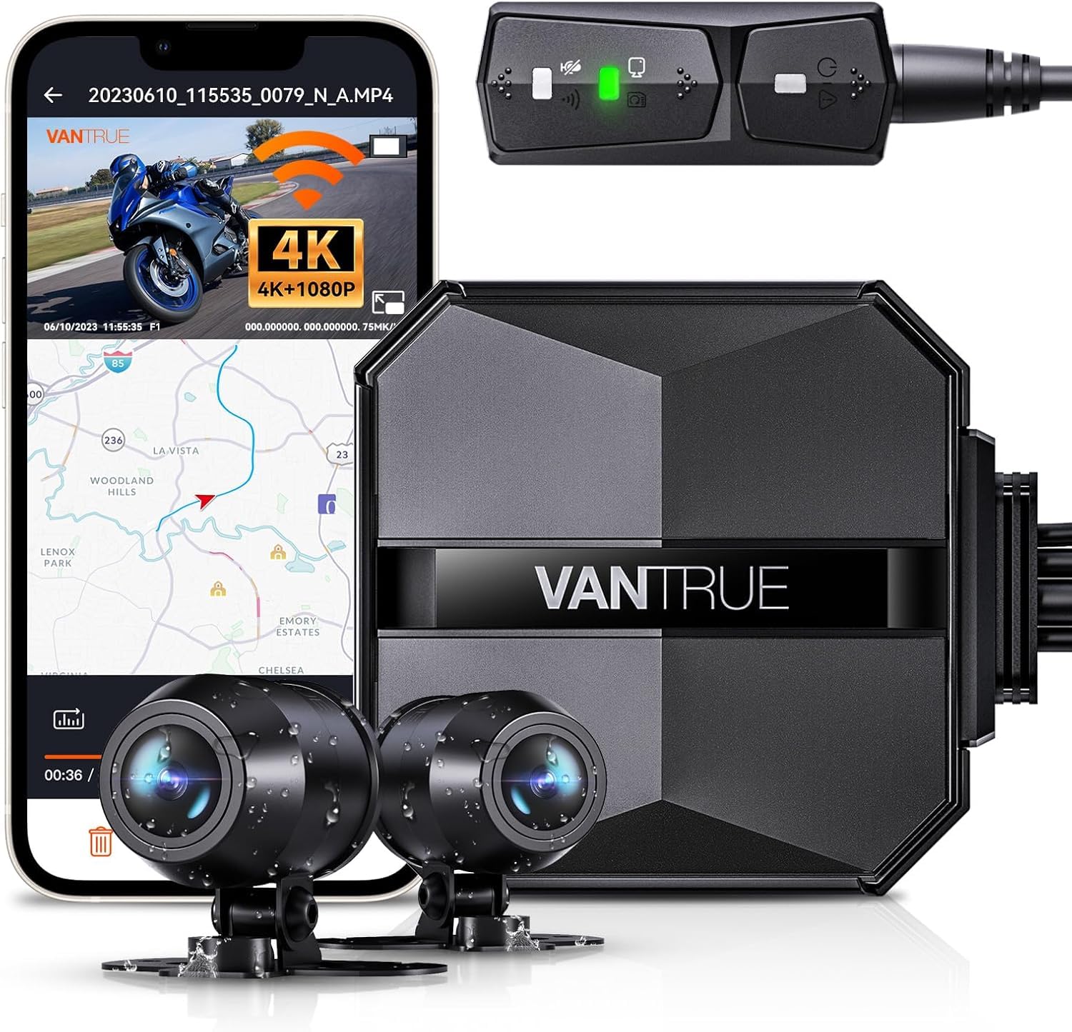 VANTRUE F1 4K+1080P Caméra de Moto étanche IP67，5GHz WiFi GPS Dashcam Moto Avant et Arrière, Alertes Vocales, 24H Détection de Collision，Statistiques de Kilométrage，WDR & HDR & Appli,300° Max 512G