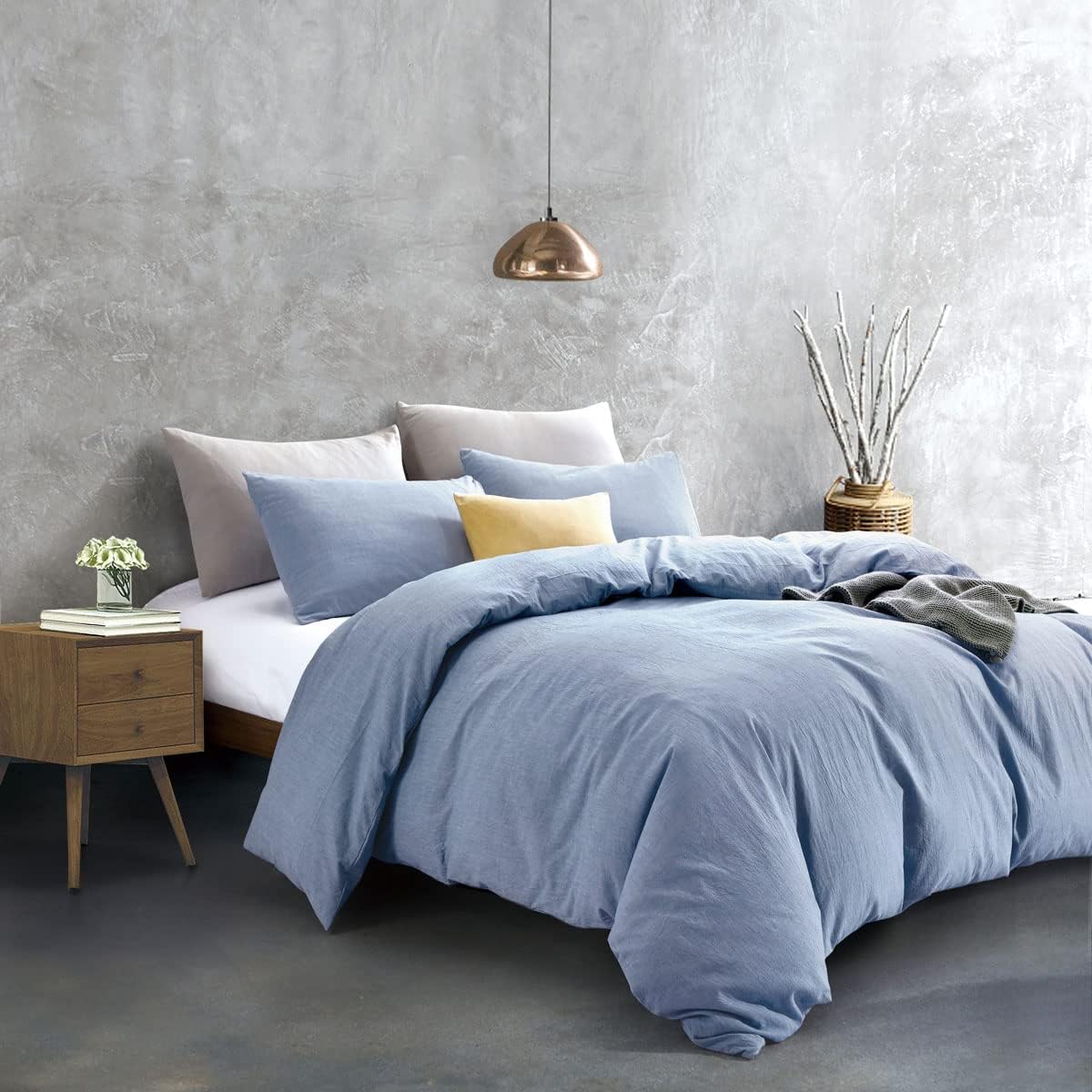 ATsense Duvet Cover King Size, 100% Washed Cotton Linen Feel Super Soft Comfortable, 3-Piece Denim Blue Duvet Cover Bedding Set, Durable and Easy Care, Simple Style Farmhouse Comforter Cover King 104x90 Denim Blue