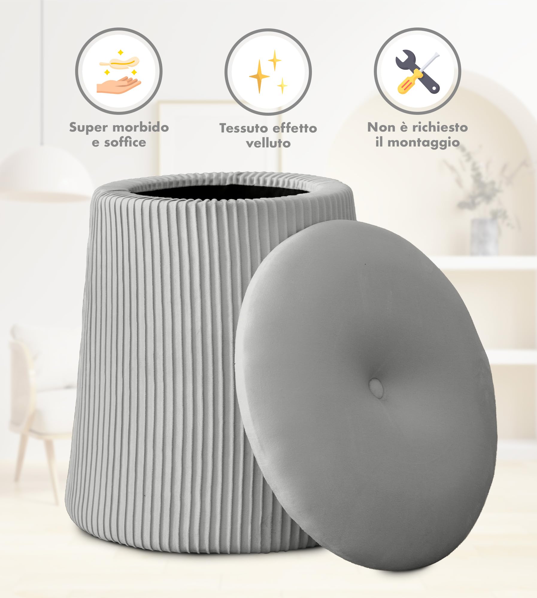 IlGruppone Pouf Contenitore in Velluto a Forma di Fungo – Poggiapiedi e Seduta Moderna 38x44 cm, Design Elegante Disponibile in 4 Colori - Grigio