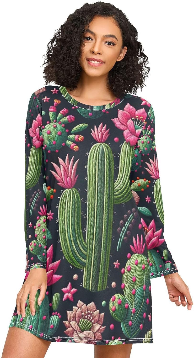 Playful Cactus Plants Pink Long Sleeve Womens Sleep Shirts, Cozy Crewneck Sleep Dress, Casual Womens Nightgown