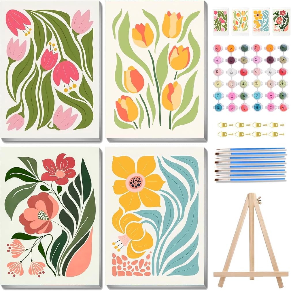 Jakener 4 Pack Flowers Paint by Numbers Kit for Adults Beginner with Framed,Easy Adult Paint by Number Kits on Canvas DIY Painting for Beginners Art by Numbers for Home Wall Decor 10x12