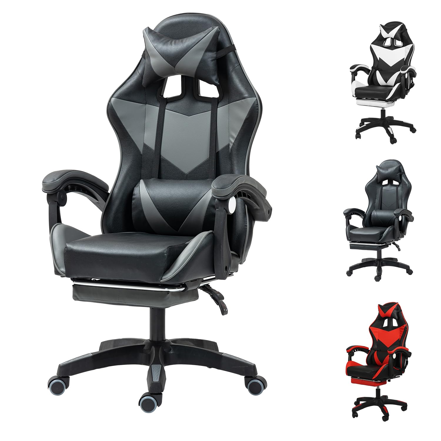 Yesuitme Gaming Chair with Footrest, Gaming Chair for Adults Computer Chair with Lumbar Cushion, Headrest, Height-Adjustable Office Chair (With Footrest, Black+Grey)