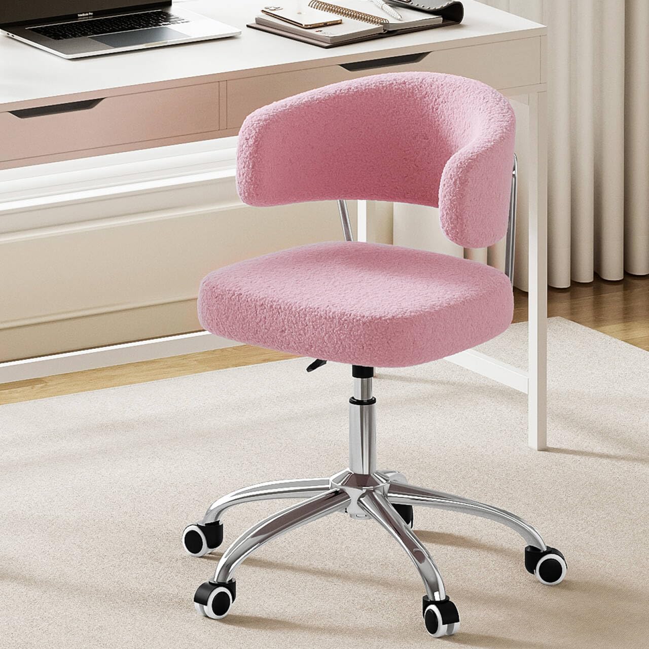 Silla de Oficina con Altura Ajustable, Silla Tocador con Respaldo Curvo, Silla Giratoria de Tela de Borreguito, Capacidad de Carga hasta 150 kg, Silla de Escritorio para Oficina y Dormitorio, Rosa