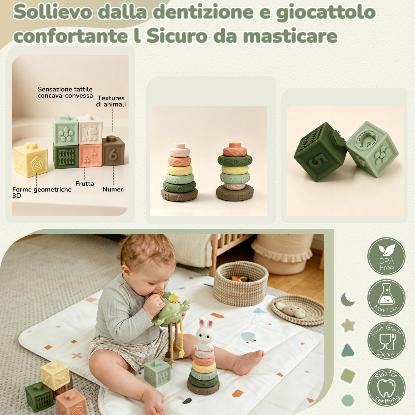 5 in 1 Giochi Montessori 6 Mesi – Giochi Neonato 6-9 Mesi con Scatola di Fazzoletti Montessori, Giocattoli Impilabili, Giocattolo di Classificazione, Tirare la Corda | Regalo Bambino 8 9 12 Mesi