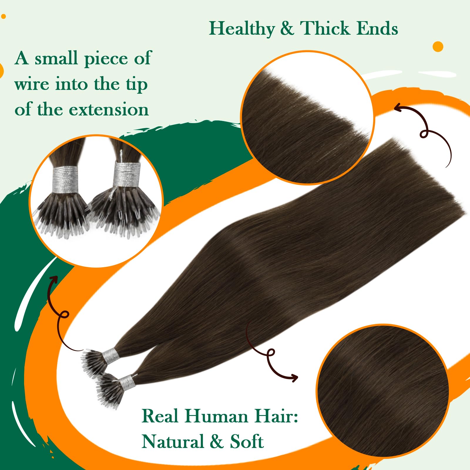 Easyouth Brown Nano Ring Extensions Human Hair Darkest Brown Nano Beads Hair Extension Nanoring Hair Extensions Natural Remy Thick Ends 16 Inch 50g/50s #2 - Image 4