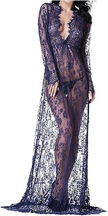 Lace Dress,Women Maternity Sexy Deep V-Neck Long Sleeve Lace See Through Maxi Dress For Wedding Plus Size Blue