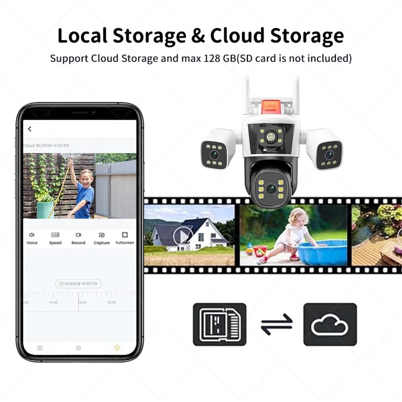 Kamera bezpieczeństwa, Kamera IP 6K 12MP Trzyobiektywowy widok panoramiczny Zewnętrzna kamera PTZ Śledzenie AI Ochrona bezpieczeństwa Kamery monitorujące CCTV(12MP Cam Add 128G)