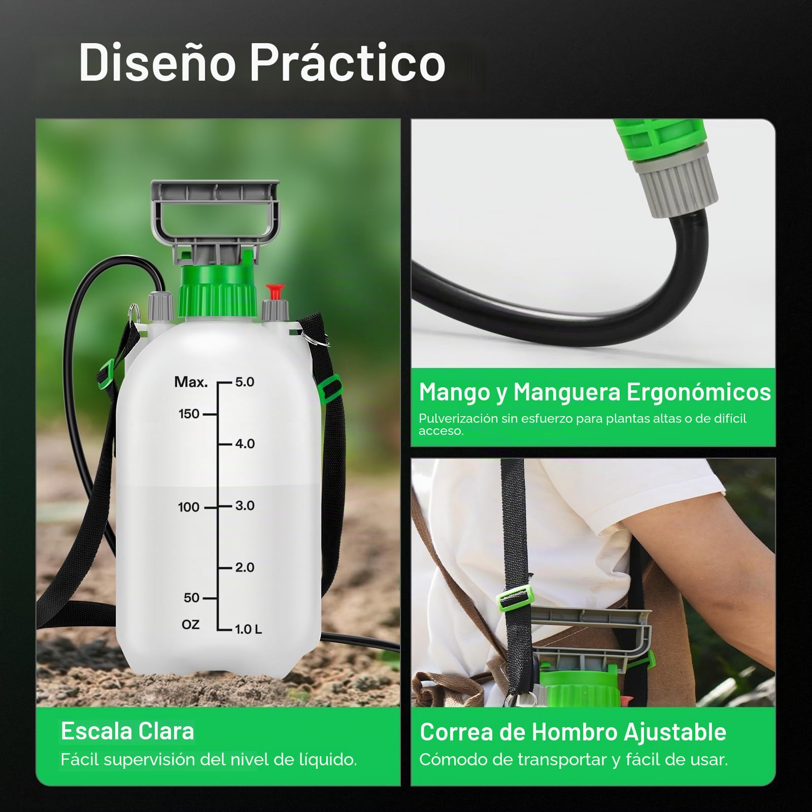 VIVOSUN Pulverizador a Presión Manual De 5 litros con Válvula De Seguridad, 3 Boquillas Y Manguera De 127 cm para Cuidado Profesional De Jardín, Césped, Plantas Y Control De Malezas