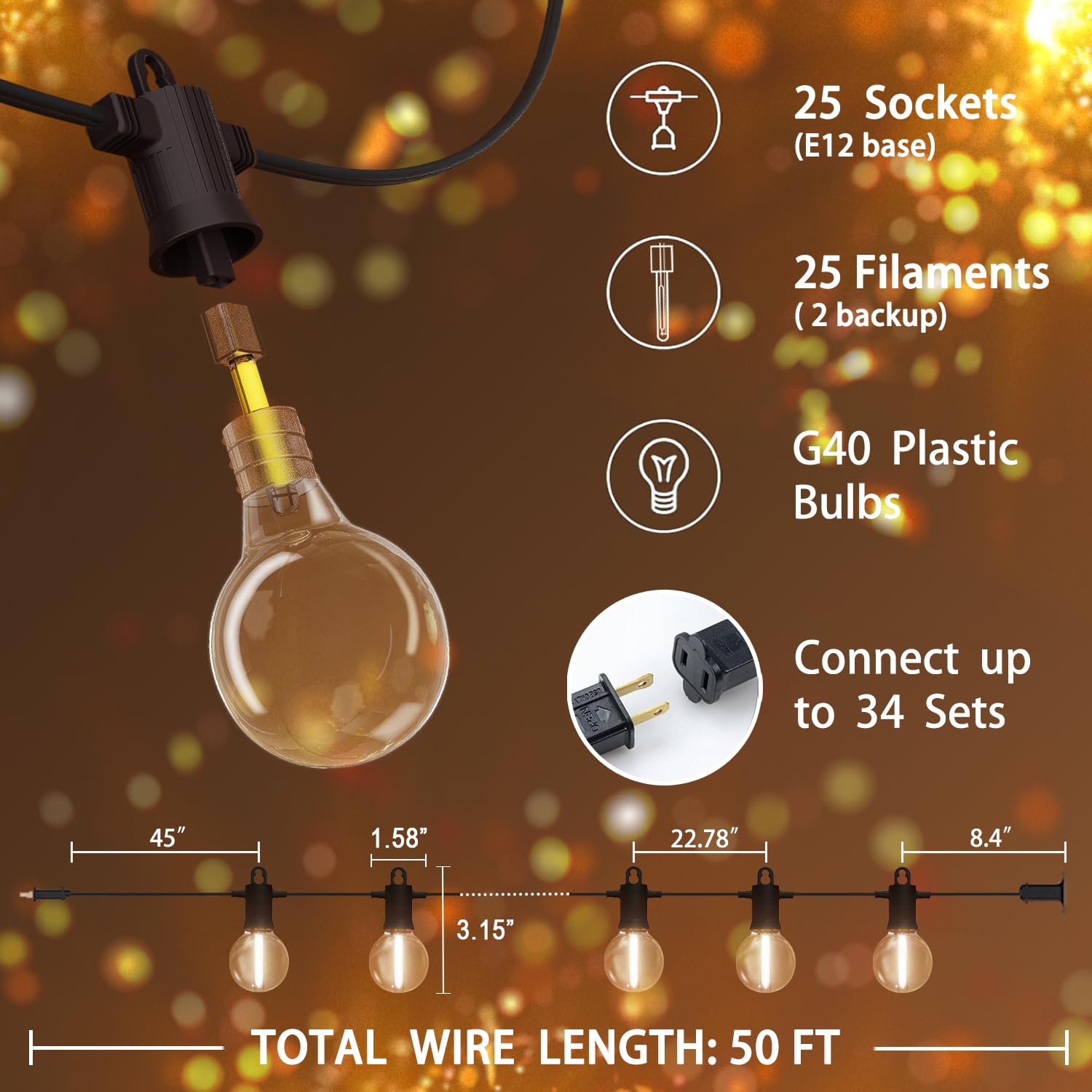 45M LED Lichterkette Außen, IP65 Outdoor Strom Lichterketten mit 73 G40 Glühbirnen, Warmweißes 2700K, Innen/Außen Lichterketten für Garten, Terrasse, Hochzeiten, Partys Lights Gartenbeleuchtung