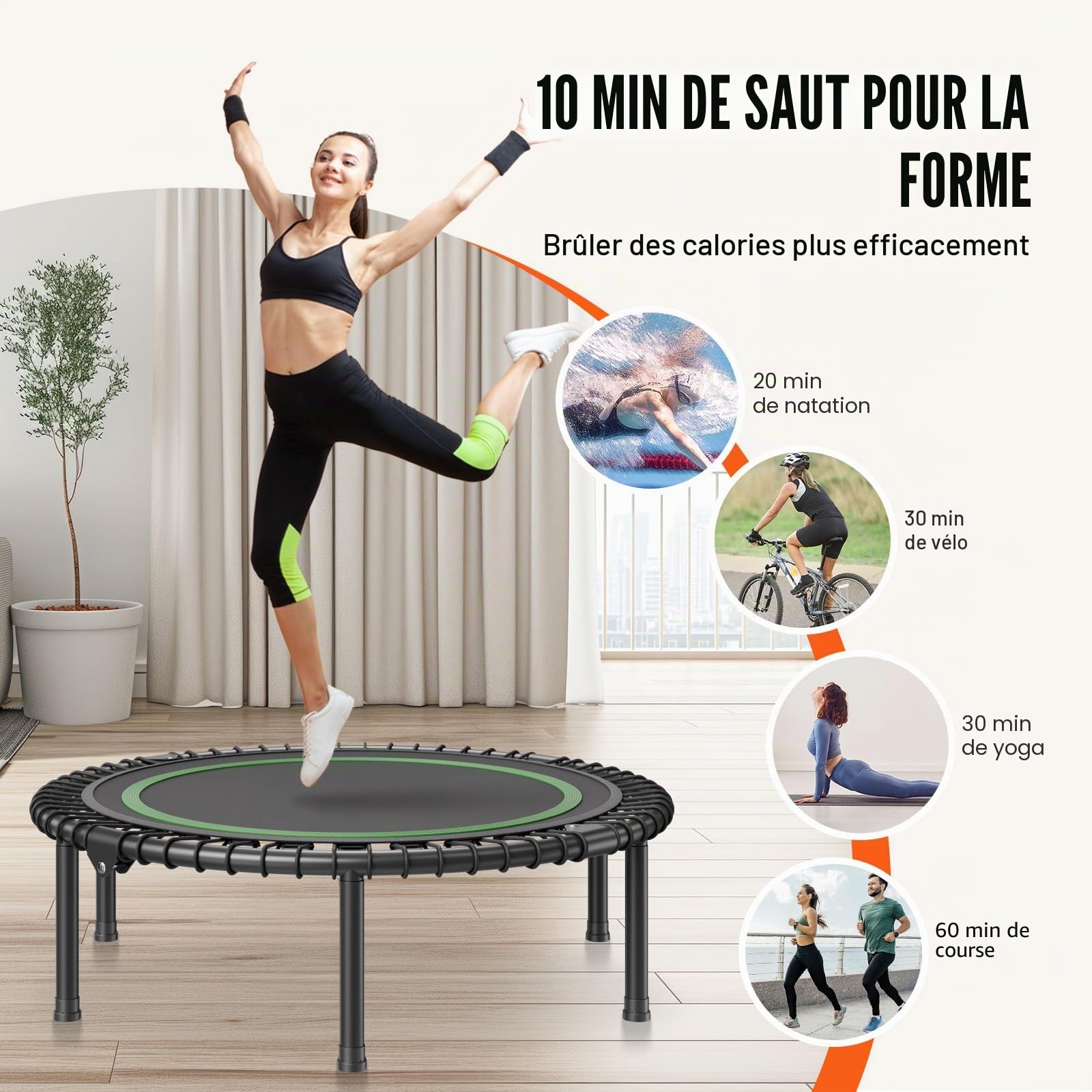 VEVOR Mini Trampoline Pliable, 1027 mm, Fitness rebounder, Charge maximale 150 kg, Petit Trampoline d'entraînement d'intérieur Stable et Silencieux, pour Exercice, entraînement, Fitness pour Adultes