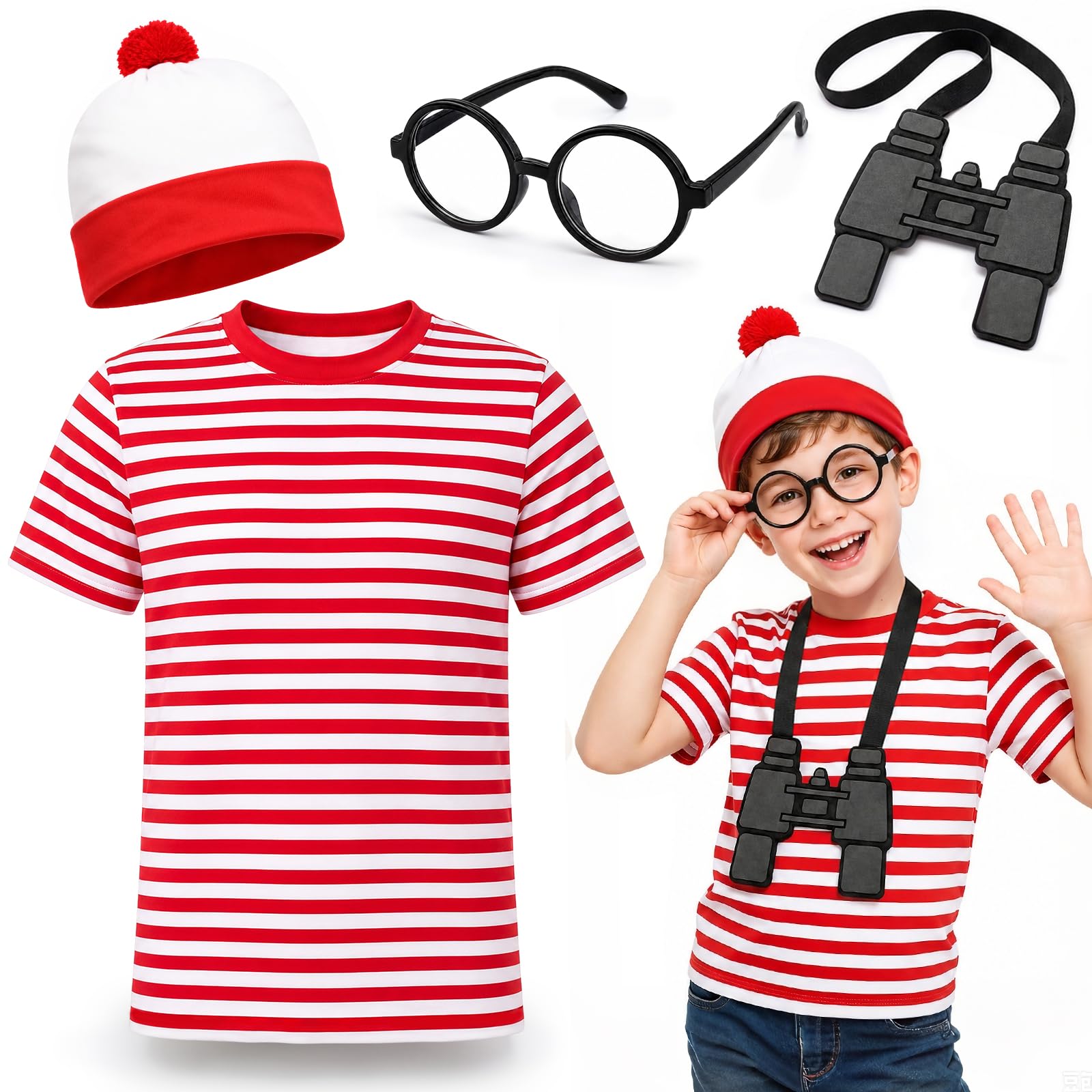 Vervora Red and White Striped Accessories Set, Wally Fancy Dress Costume for School Dress Up World Book Day Carnival (M)
