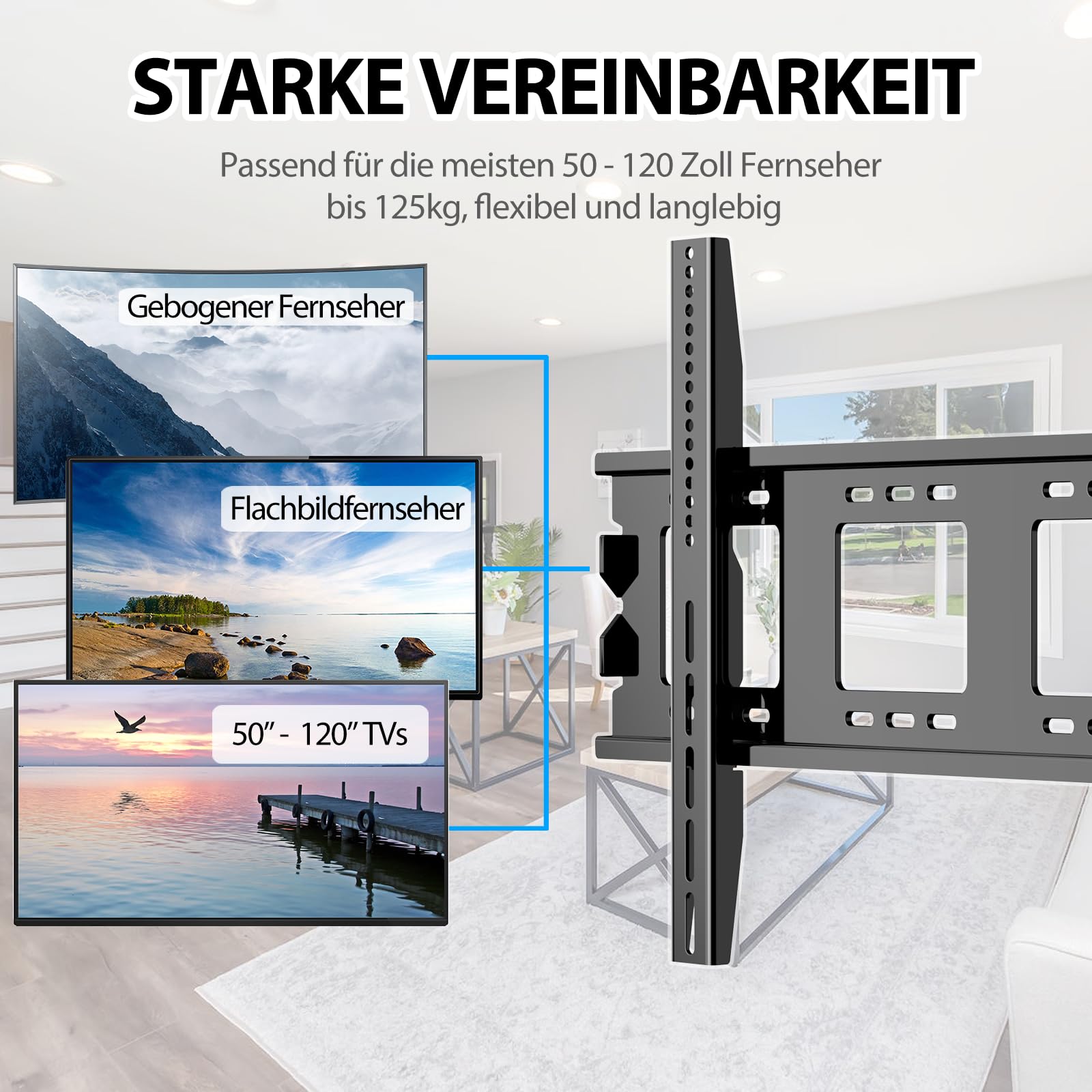 Supporto da parete per TV fisso da 50 a 120 pollici, resistente e curvo, max. VESA 900 x 600 mm, può contenere fino a 125 kg, ultra sottile e pesante, montaggio a parete 75 80 85 90 100"
