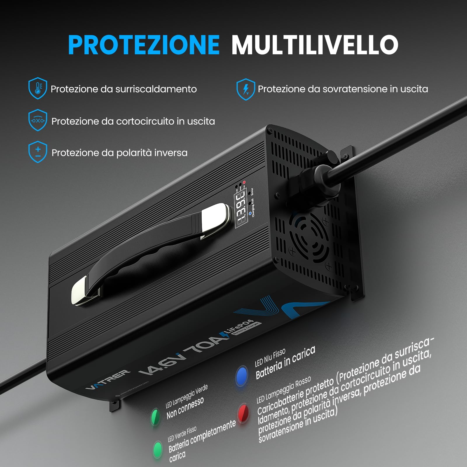 VATRER Caricabatteria 14,6V 70A LiFePO4 12V LED Ventola | Caricabatteria intelligente 14,6V 70A studiato esclusivamente per batterie LiFePO4 12V