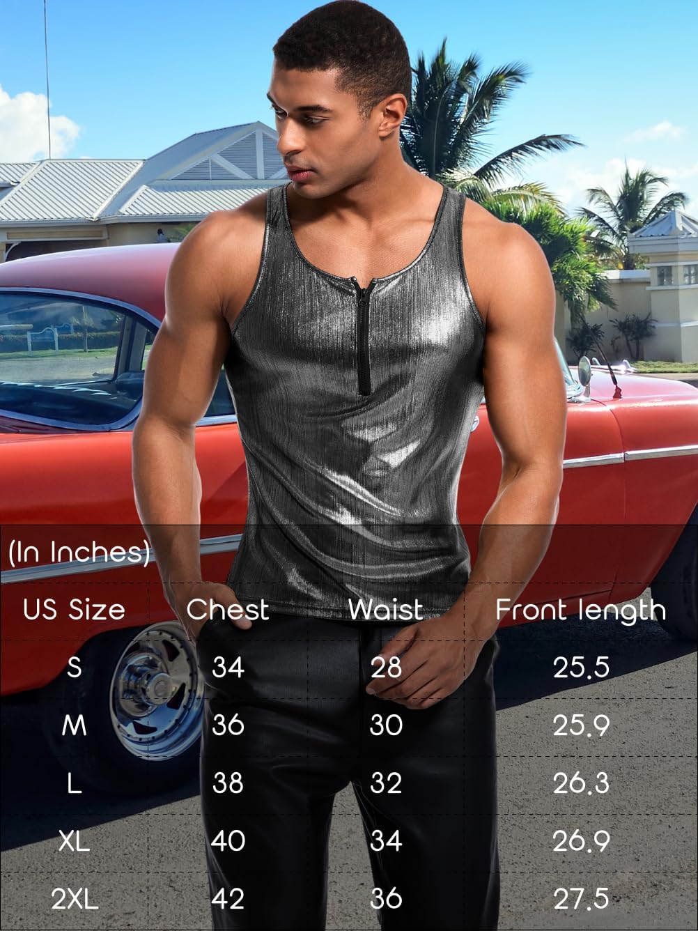 Men's Zipper Sleeveless Metallic Shirt, Sparkly Tank Top Vest Rave Outfits, Concert Club Disco Festival Party Outfits - Image 6