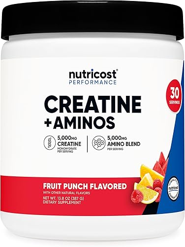 Nutricost Creatina + Aminos 30 porciones (sabor a ponche de fruta)  5,000 mg de monohidrato de creatina + 5000 mg de mezcla de amino BCAA por porción