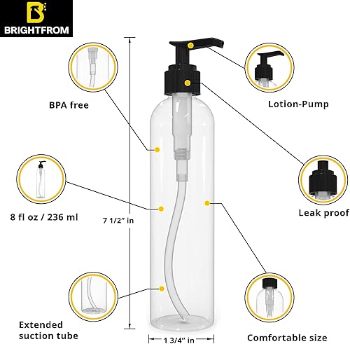 Miniatura 2 de BRIGHTFROM Botellas con bomba de loción, envases de plástico recargables vacíos de 8 onzas, sin BPA, transparentes con dispensador negro para jabón,