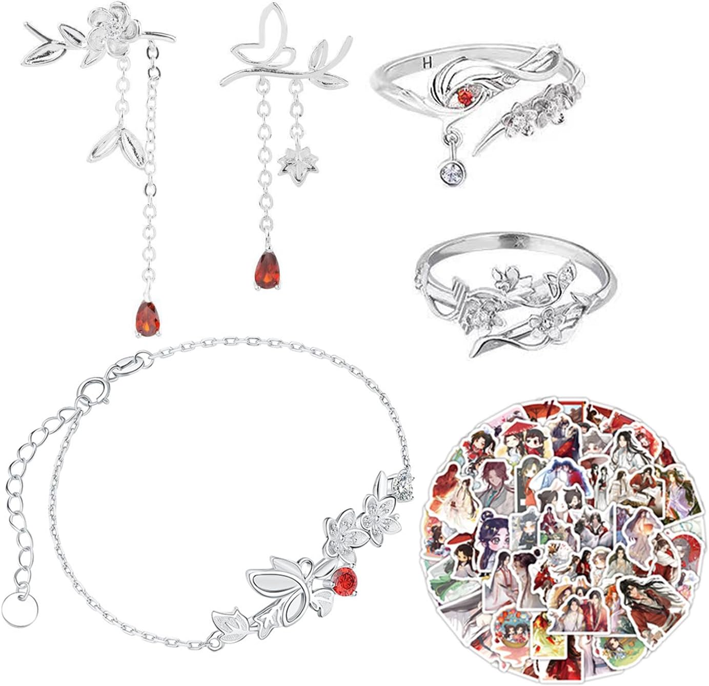 Zaky Heaven Official's Blessing Cosplay Jewelry Set - Tian Guan Ci Fu Earrings Hua Cheng Ring Xie Lian Bracelets Character Sticker 14 PCS