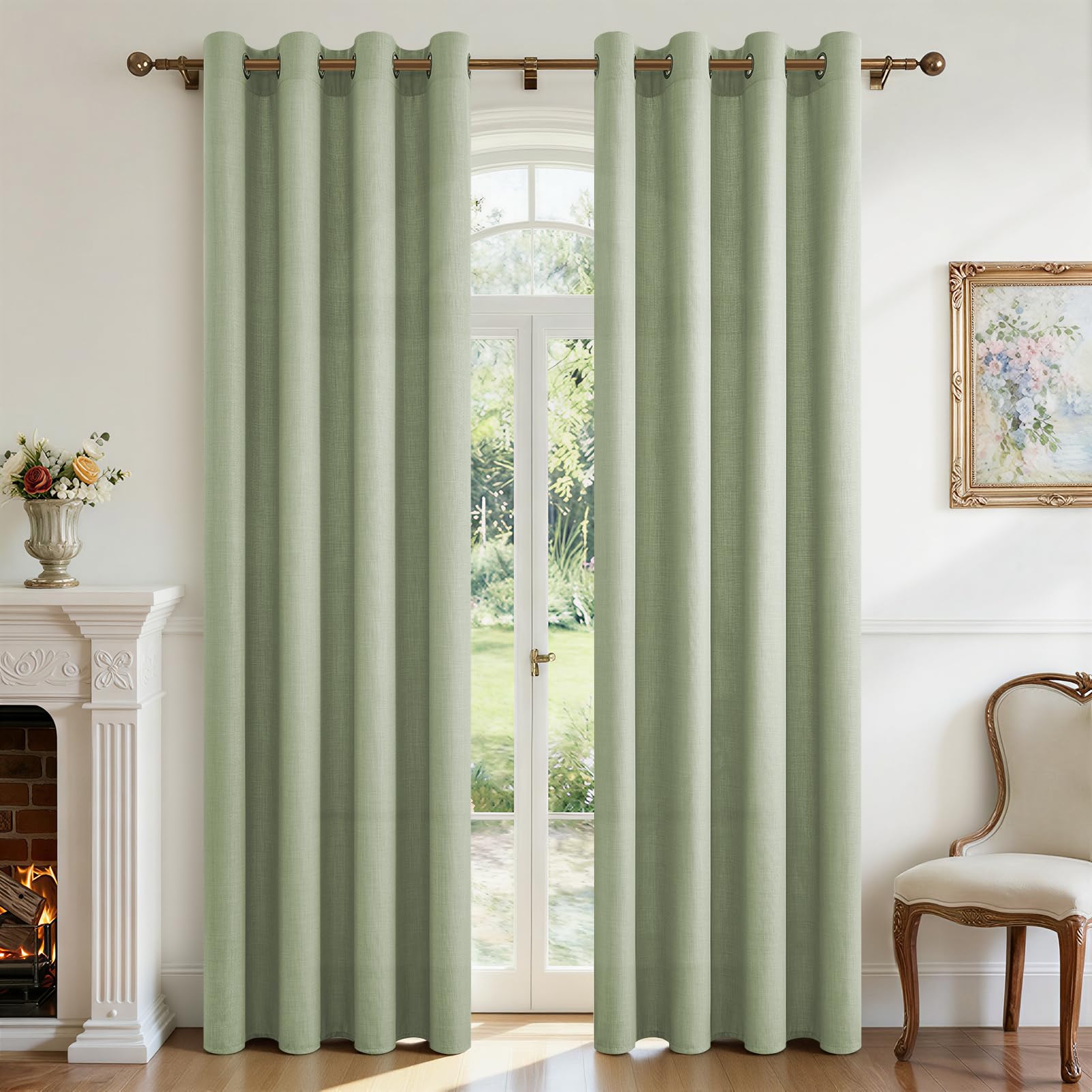 CUTEWIND Vorhang Leinen Grün Halbtransparent Ösenvorhang, Landhausstil Gardinen mit Ösen für Wohnzimmer Schlafzimmer Kinderzimmer Fenster 2er Set H 240 x B 140 cm, Leinenvorhänge