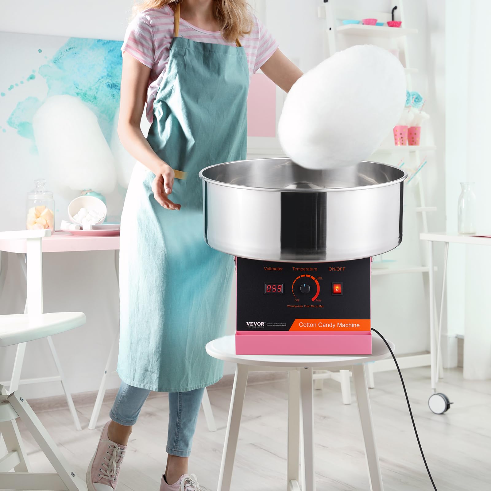 VEVOR Machine à barbe à papa électrique, 1000W, appareil à barbe à papa commercial avec bol en acier inoxydable et cuillère à sucre, parfait pour maison, anniversaire d'enfant, fête de famille (rose)