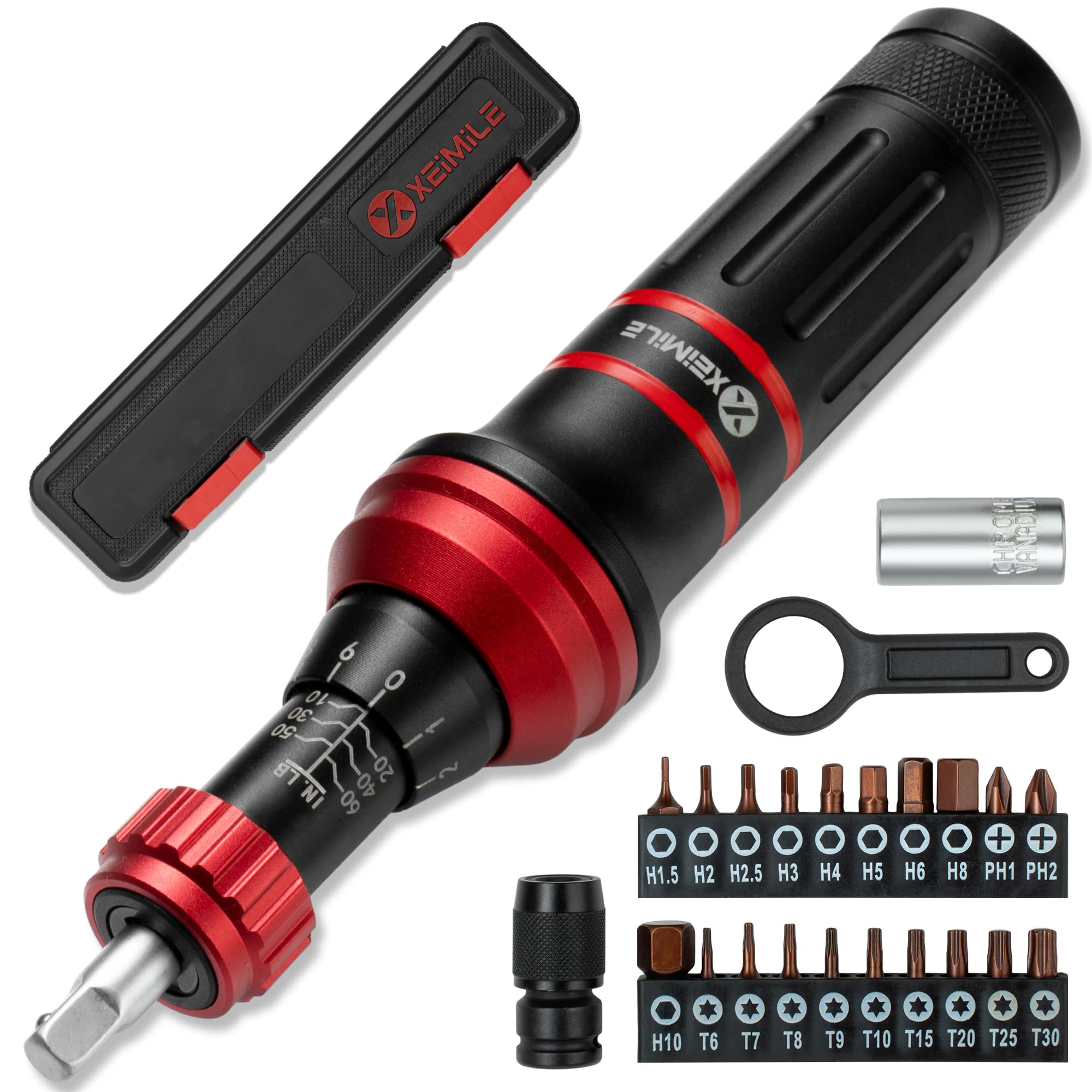 Wkrętak dynamometryczny 10-60 cali Lb, zestaw wkrętaków dynamometrycznych z uchwytem do bitów 1/10.2 cm, płaskie, sześciokątne, torx i Philips, nadaje się do konserwacji rowerów DIY, narzędzia