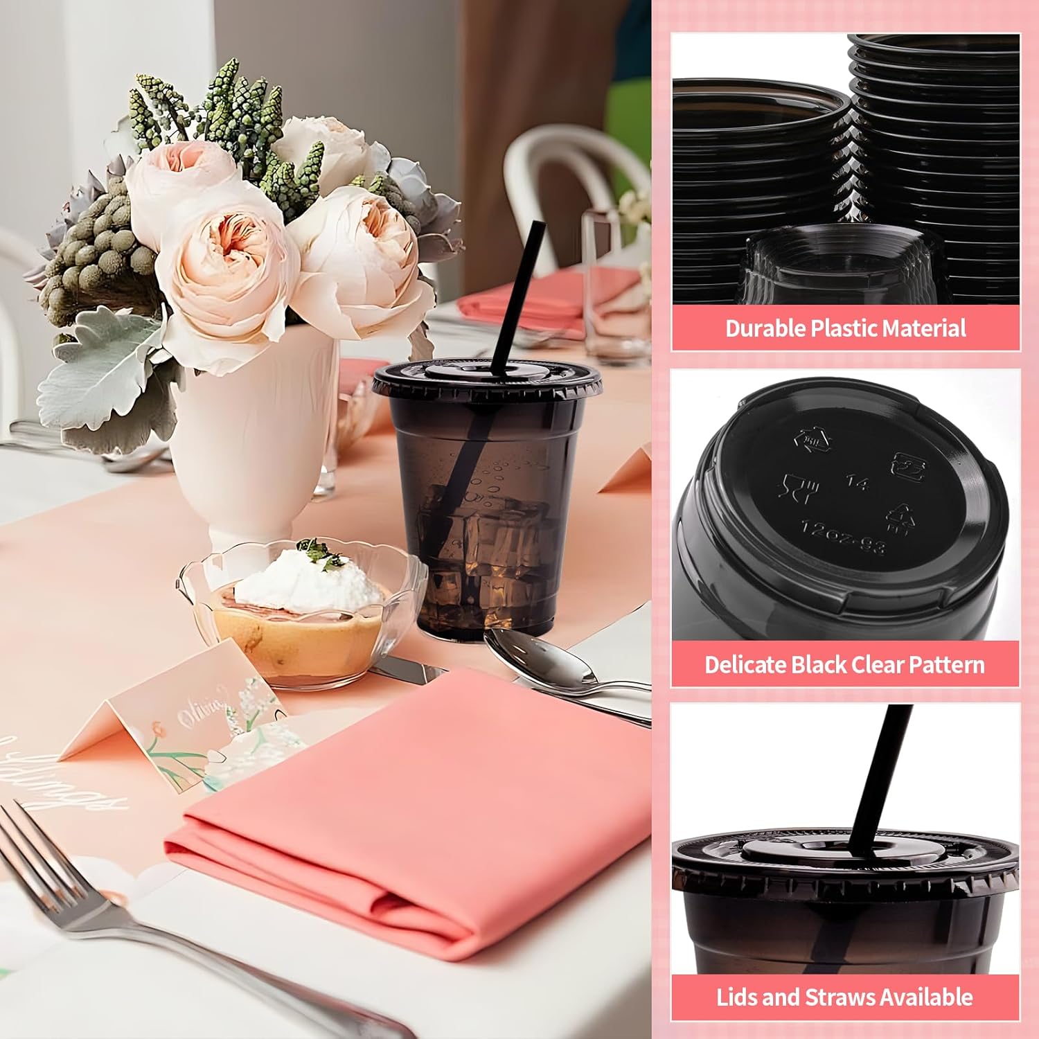 100 Set Black Plastic Cups with Lids and Straws 12 oz Disposable Drinking Clear Cups for Wedding Black Birthday Party Supplies