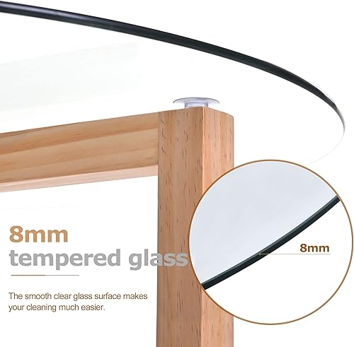 Miniatura 7 de Mesa de centro redonda de cristal, mesa de cóctel moderna, fácil de montar, con parte superior de vidrio templado y base de madera resistente,