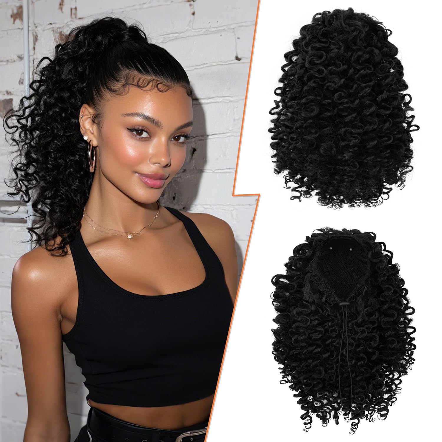 Photo 1 of PEACOCO Curly Drawstring Ponytail for Black Women, 10 Inch Kinky Curly Ponytail Extension Synthetic Short Afro Puff Ponytail Hairpieces Black to Gray (T1B/0906#)