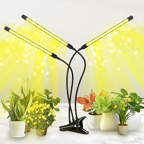 Luz LED de crecimiento, 3 cabezales de luz de espectro completo con abrazadera para plantas de interior y arranque de semillas, 10 niveles