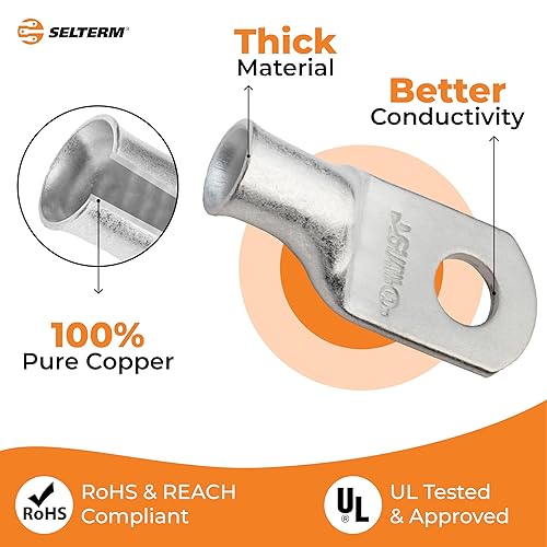 Miniatura 162 de SELTERM - Terminal en anillo de grado marino UL 2/0 AWG 3/8 pulgadas (25 uds) para batería, terminal tubular de cable eléctrico, conector calibre