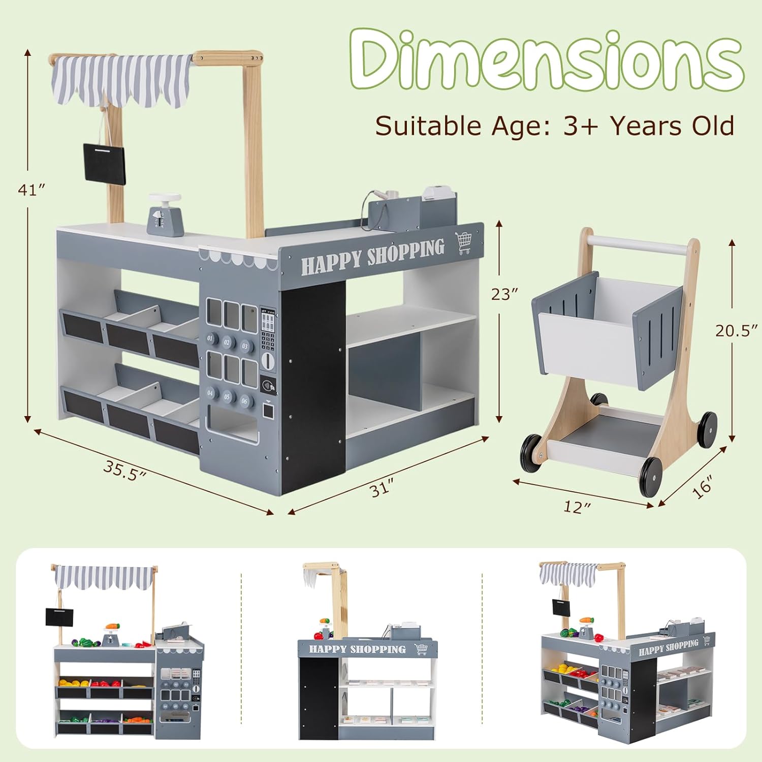 HONEY JOY Kids Grocery Store Playset, Wooden Market Stand Play Store with Canopy & Shopping Cart, Toddler Supermarket Checkout Stand w/Blackboard & Accessories, Grocery Store Pretend Play (Gray)