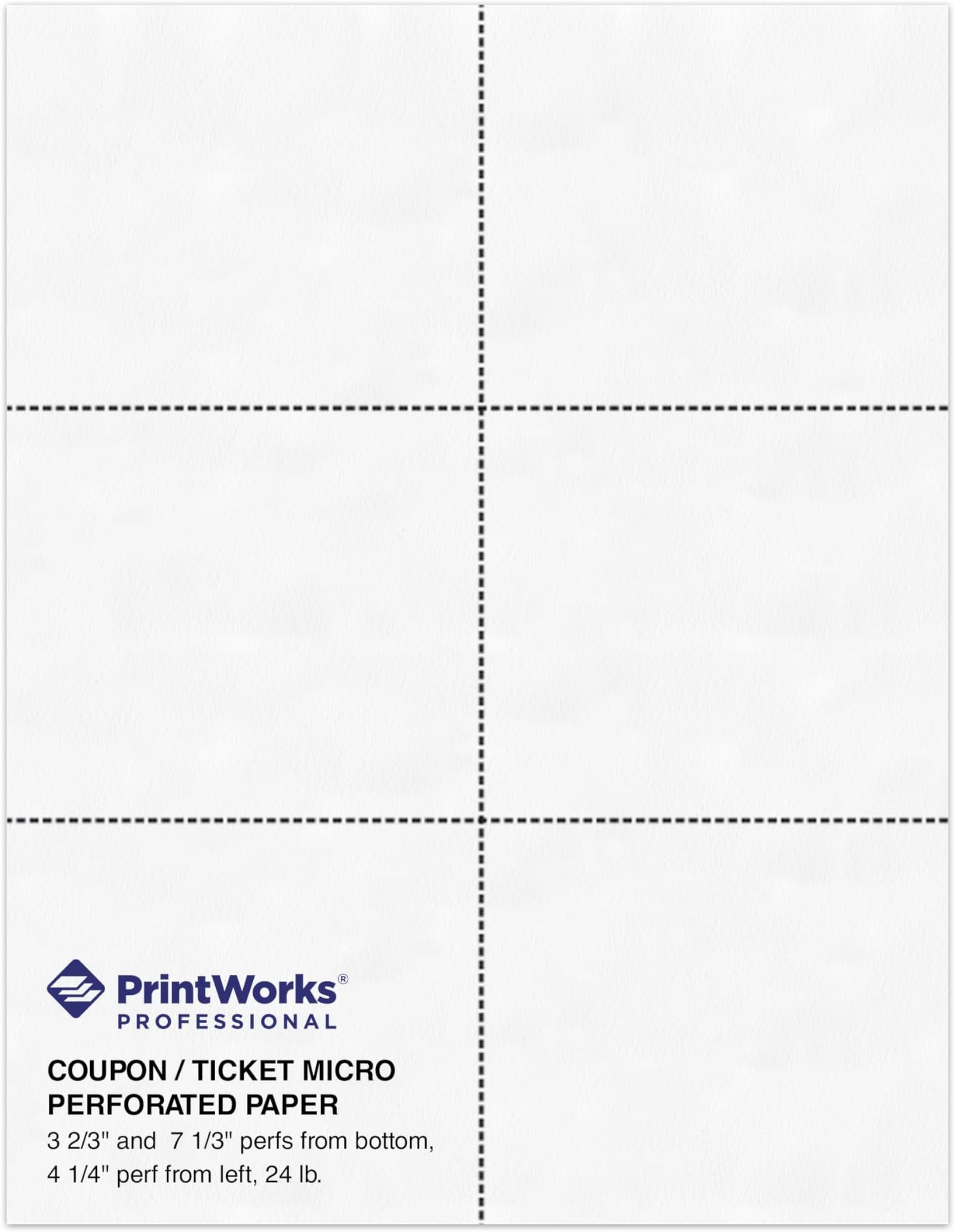 Professional Perforated Paper for Tickets, Coupons, Certificates and More, 8.5 x 11, 24 lb, 3 Perfs - 3 2/3" and 7 1/3" From Bottom & 4 1/4" From Left, 500 Sheets, White (04334)