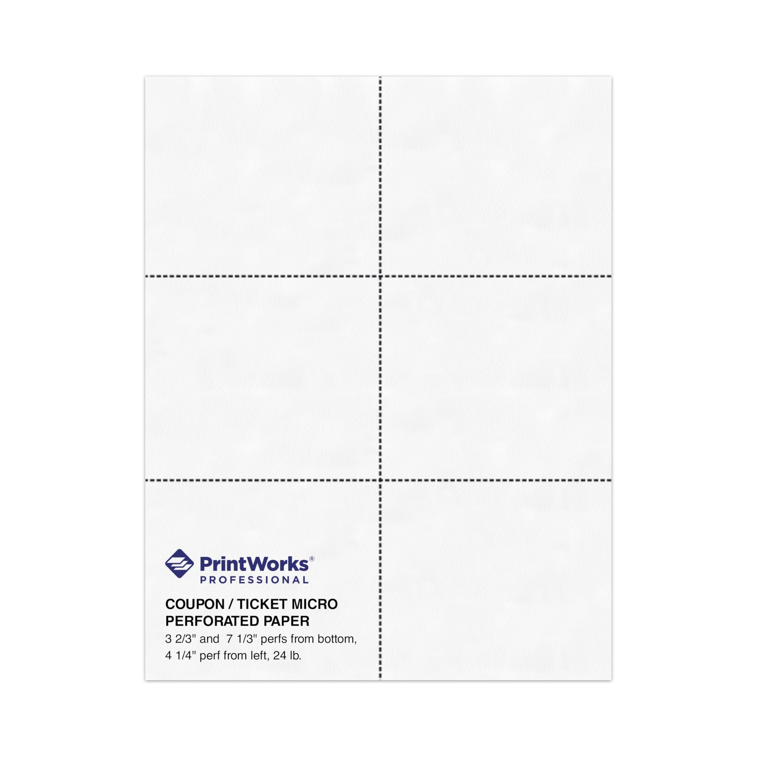 PrintWorksProfessional Perforated Paper for Tickets, Coupons, Certificates and More, 8.5 x 11, 24 lb, 3 Perfs - 3 2/3" and 7 1/3" From Bottom & 4 1/4" From Left, 500 Sheets, White (04334)