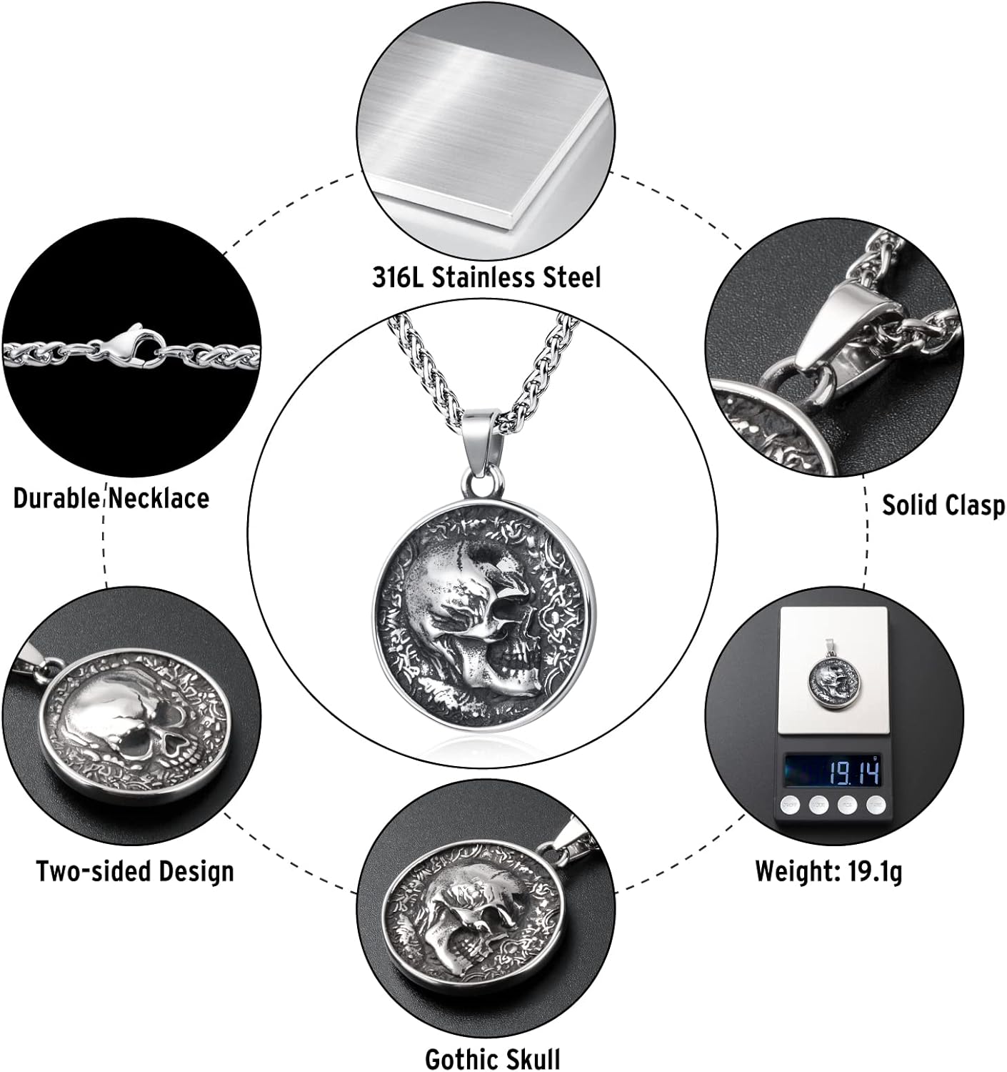 Skull Necklace Stainless Steel Gothic Punk Skull Pendant Necklace Jewelry for Men Boys - Image 2