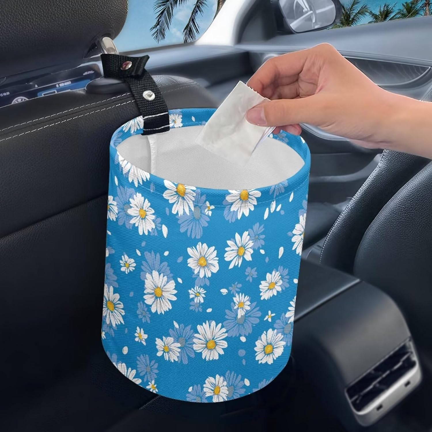 Daisy Car Trash Bag Hanging Garbage Can with Hook and Loop Small Cute Car Trash Bin Adjustable Strap Foldable Garbage Bag for Vehicle Home Office (Blue)