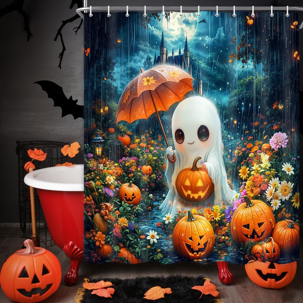 Cute Ghost Halloween Shower Curtain, Funny Watercolor Floral Umbrella Pumpkin Forest Castle Bathroom Decor Curtains, Spooky Night Gothic Waterproof Shower Curtain for Bathroom with Hooks, 72X85IN